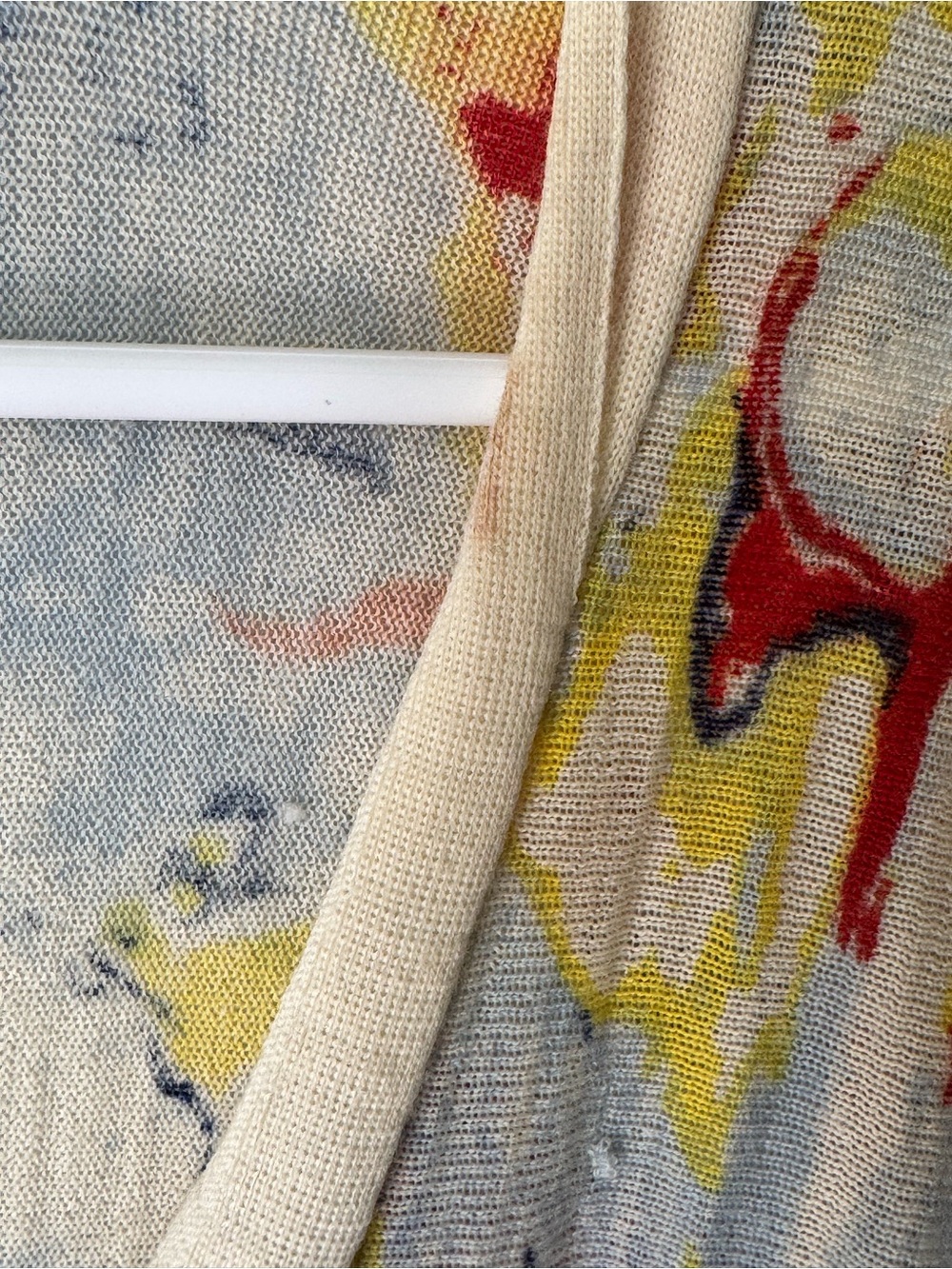 Moth Abstract Painterly V-Neck Wool Lightweight Tunic in Yellow, Red, Blue - Picture 3 of 7